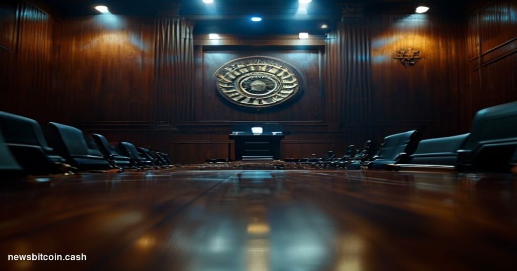 Cinematic photorealistic editorial photograph of a dramatic government hearing room interior, shot from a low angle looking u