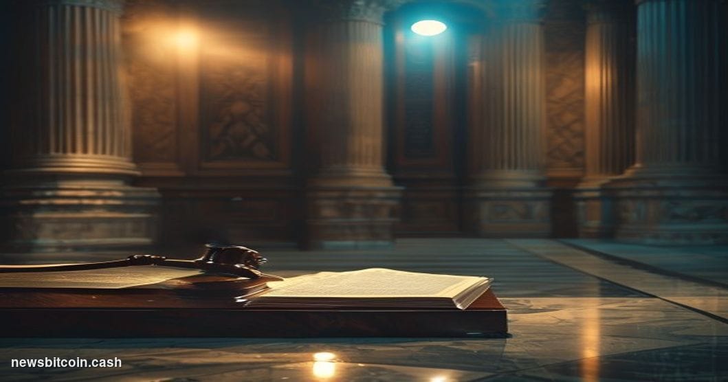 A cinematic photorealistic editorial photograph set inside a grand federal courthouse corridor in Washington D.C., with marbl