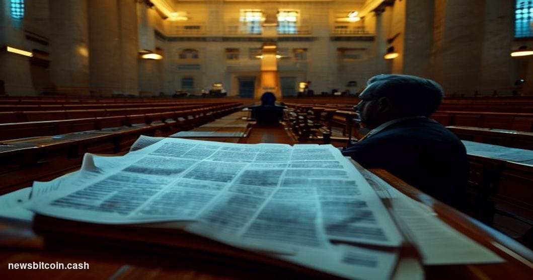 A cinematic photorealistic editorial photograph set inside a grand federal regulatory hearing chamber in Washington D.C., wit