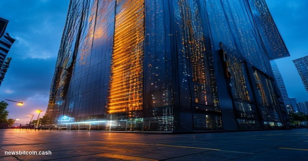 A cinematic photorealistic editorial photograph shot at ground level looking up at a towering glass-and-steel data center fac