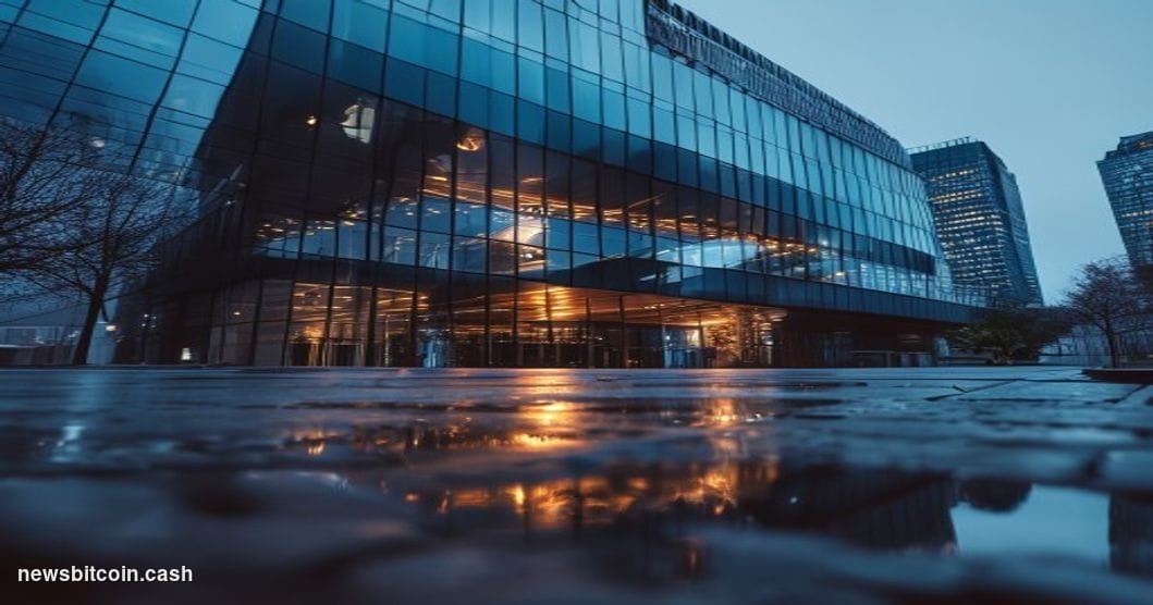 Cinematic photorealistic editorial photograph of Circle's corporate office exterior in a financial district, shot from a low 