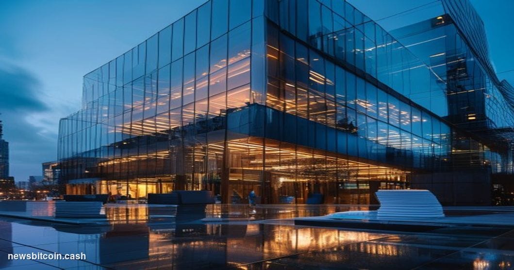Cinematic photorealistic editorial photograph of an IBM corporate headquarters building exterior at dusk, its iconic blue log