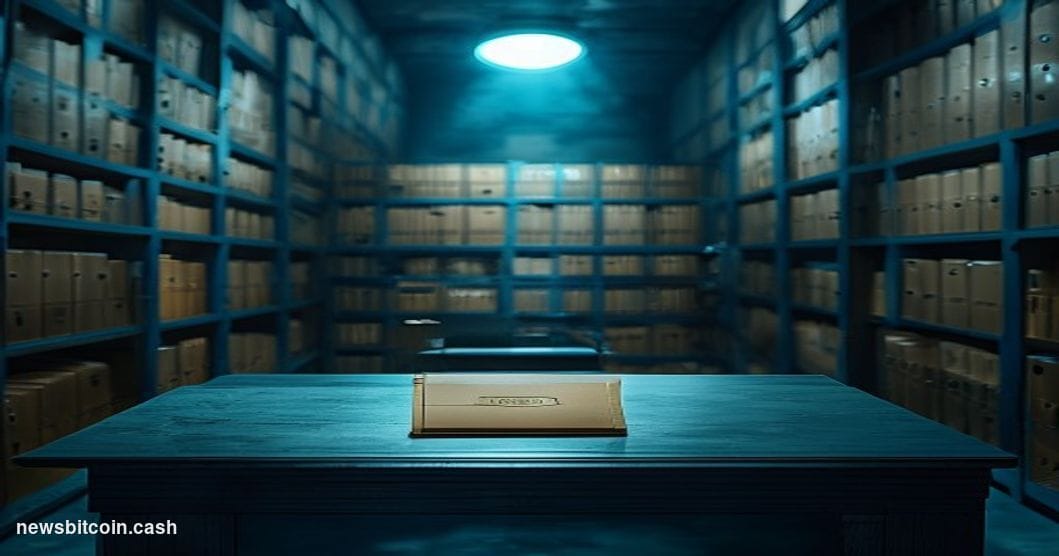 Cinematic photorealistic editorial photograph of a monumental patent filing room or vault interior, dramatically lit from a s