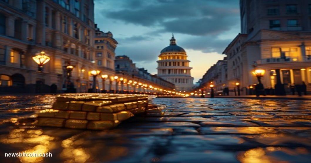 Cinematic photorealistic editorial photograph of the City of London financial district at dusk, with the iconic dome of St. P