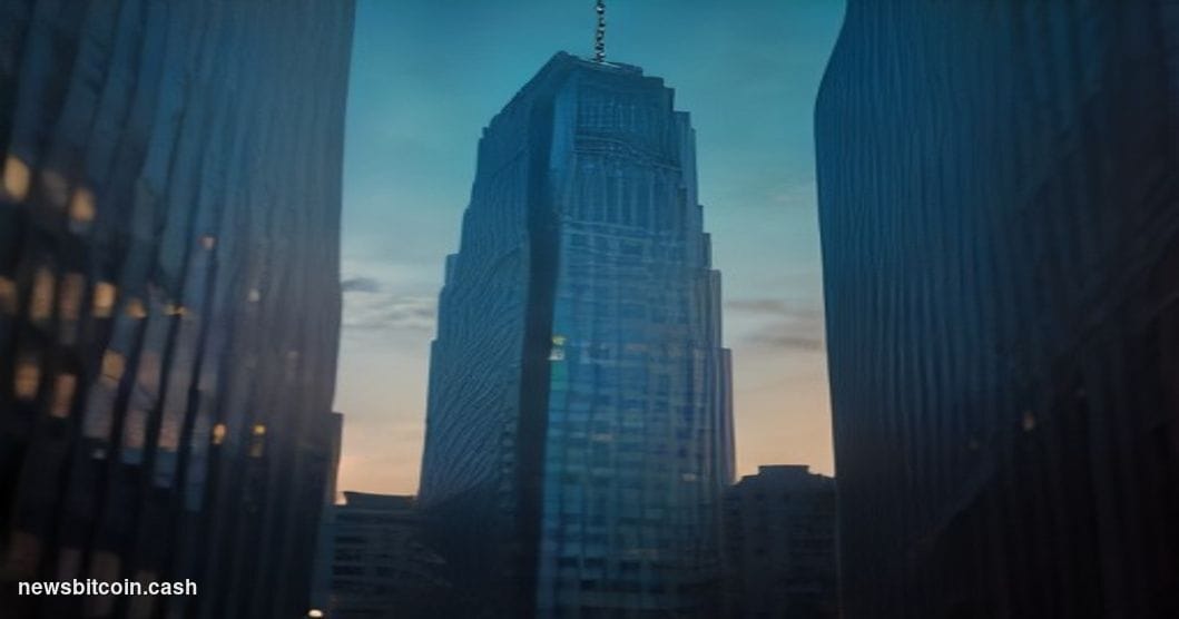A cinematic photorealistic editorial photograph of the Citigroup headquarters tower in Midtown Manhattan, shot from a low ang