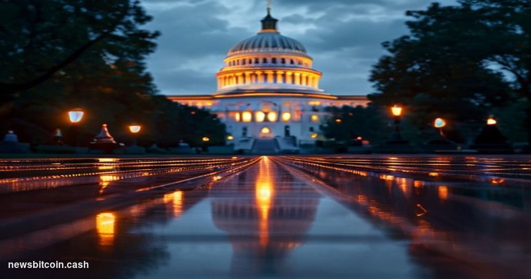 Cinematic photorealistic editorial photograph shot from a low angle looking up at the United States Capitol building dome in 