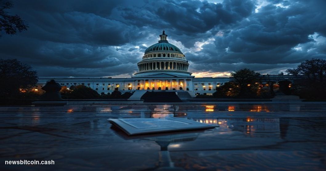 A wide-angle cinematic shot of the United States Capitol building at dusk, photographed from the west lawn at a low angle, wi