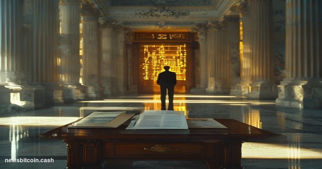 A cinematic photorealistic editorial photograph taken inside a grand marble-columned U.S. congressional corridor in Washingto