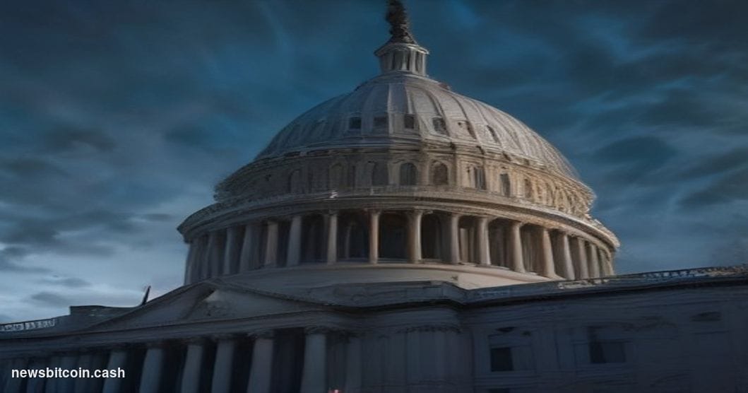 Cinematic photorealistic editorial photograph of the United States Capitol building in Washington D.C. at dusk, shot from a l