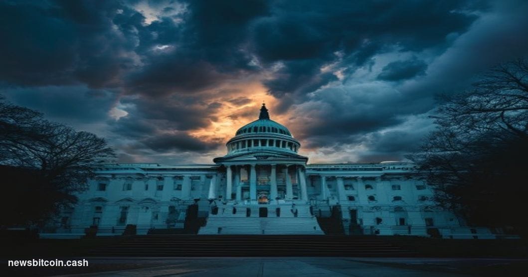Cinematic photorealistic editorial photograph of the United States Capitol building in Washington D.C. shot from a low angle 