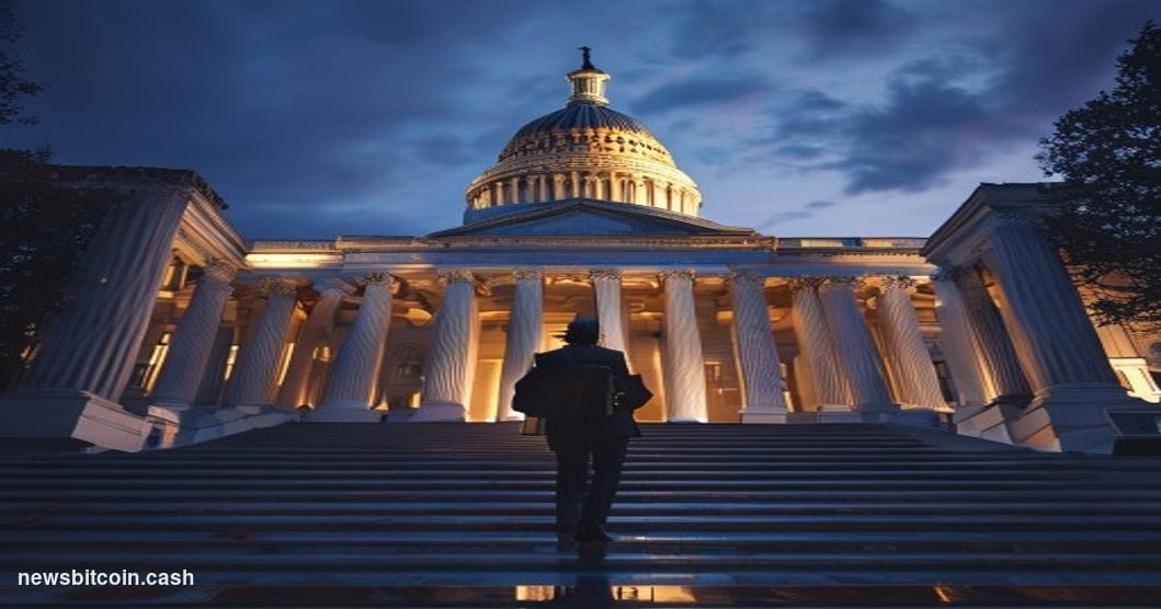 Cinematic photorealistic editorial photograph of the United States Capitol building in Washington D.C. at dusk, shot from a l