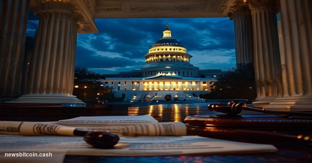 Cinematic photorealistic editorial photograph of the United States Capitol building in Washington D.C. at dusk, shot from a l