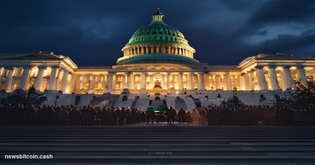 Cinematic photorealistic editorial photograph of the United States Capitol Building at dusk, shot from a low angle looking up