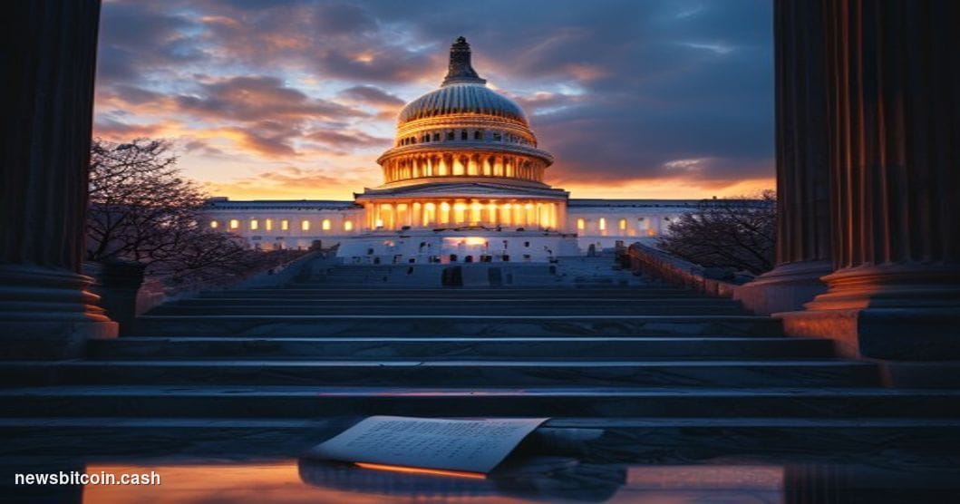 A cinematic photorealistic editorial photograph of the United States Capitol building in Washington D.C. at dusk, shot from a