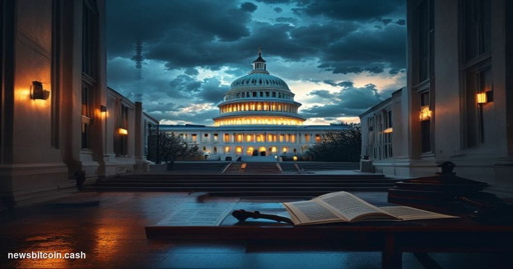 Cinematic photorealistic editorial photograph of the United States Capitol building in Washington D.C. at dusk, shot from a l