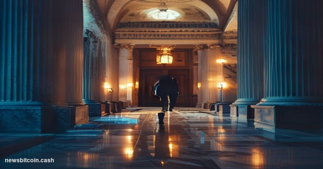 Cinematic photorealistic editorial photograph of the United States Senate chamber corridor at the U.S. Capitol building in Wa