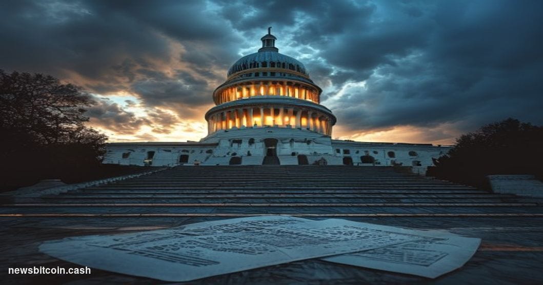 A cinematic photorealistic editorial photograph of the United States Capitol building at dusk, shot from a low angle looking 