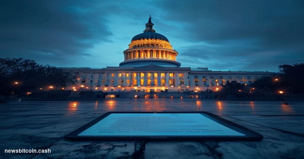 Cinematic photorealistic editorial photograph of the United States Capitol building at dusk, shot from a low angle with a wid