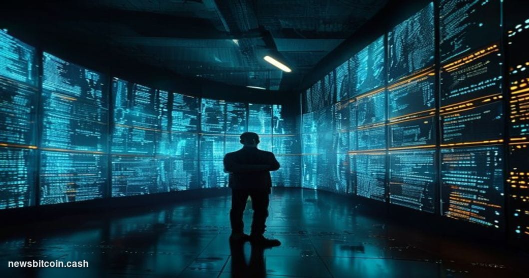Cinematic photorealistic editorial photograph of a dimly lit high-security cryptography research lab, bathed in cool blue-whi
