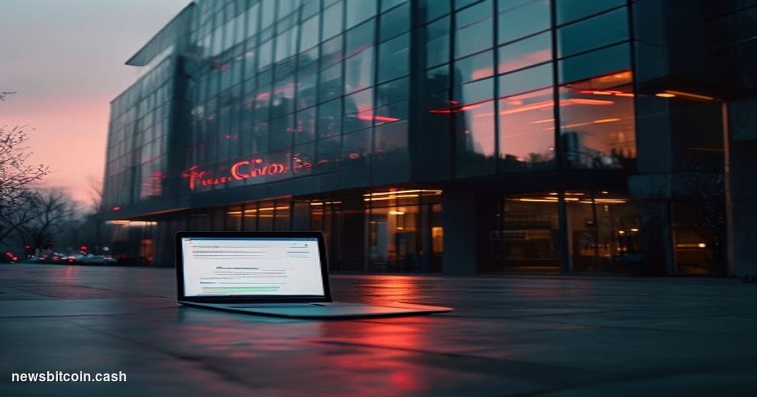 Cinematic photorealistic editorial photograph of the Coinbase San Francisco office exterior at dusk, dramatic side-lighting c