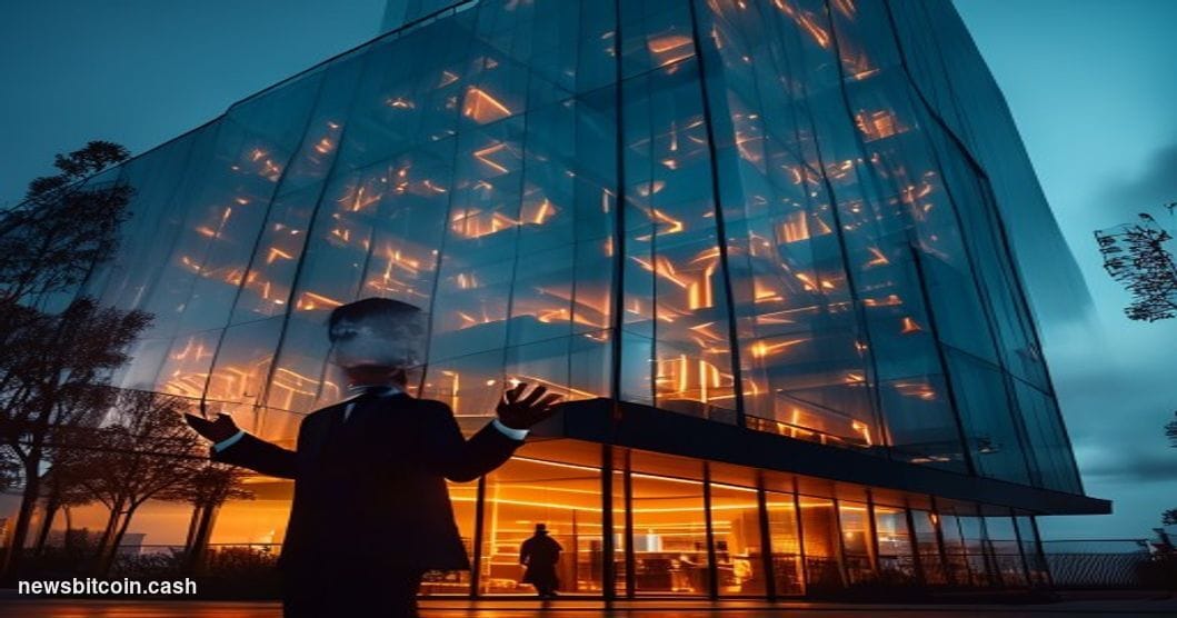 Cinematic photorealistic editorial photograph of the Coinbase headquarters exterior in San Francisco's tech corridor at dusk,