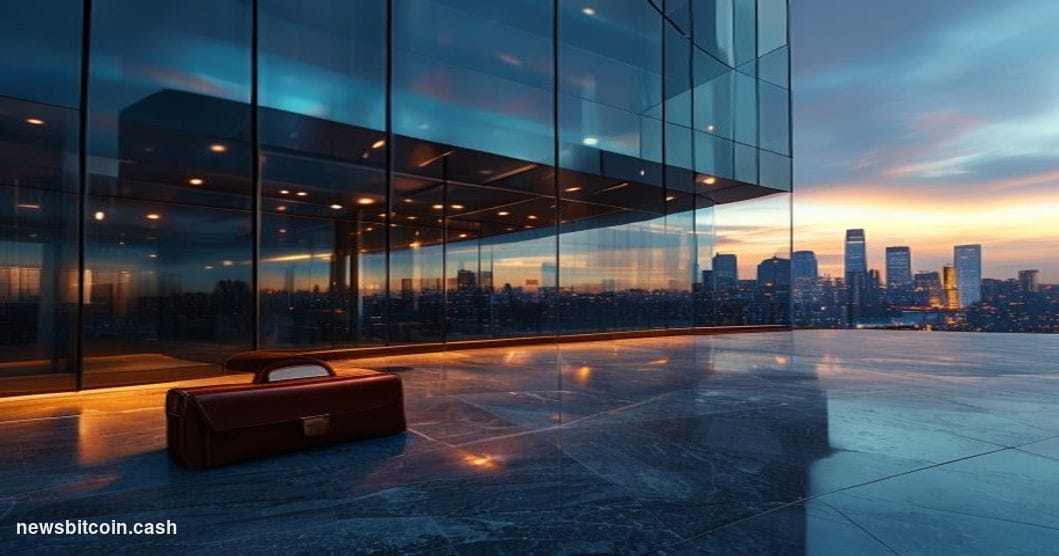 Cinematic photorealistic editorial photograph of the Coinbase San Francisco office exterior at dusk, dramatic side-lighting c