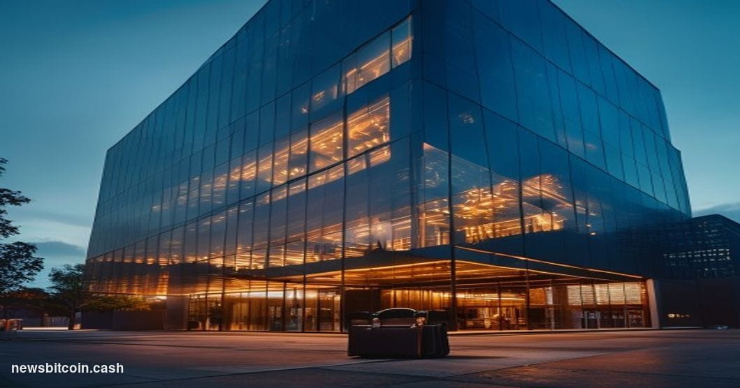 Cinematic photorealistic editorial photograph of the Coinbase San Francisco office building exterior at dusk, shot from a low