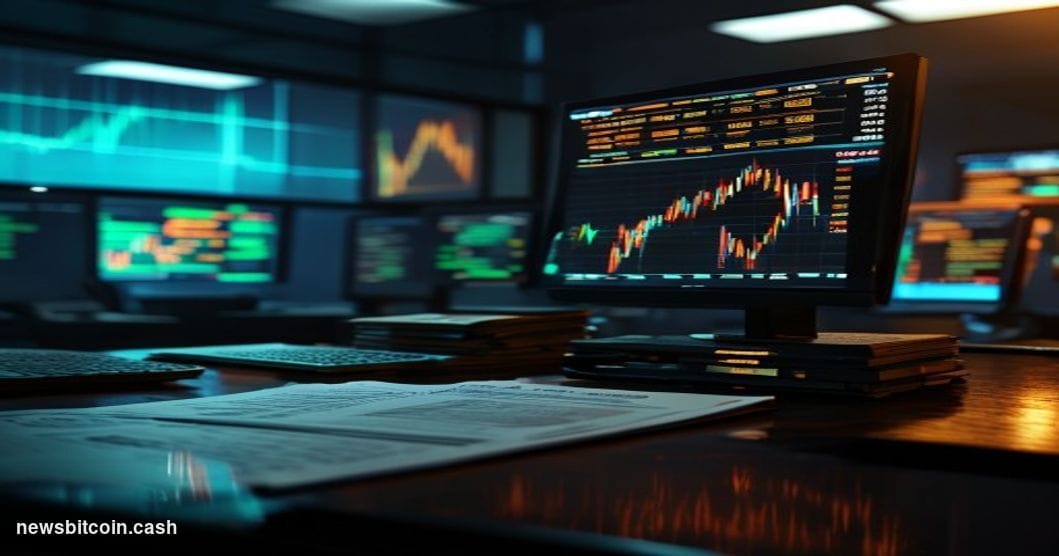 A cinematic photorealistic editorial photograph of a Bloomberg-style trading terminal in a dimly lit institutional trading fl