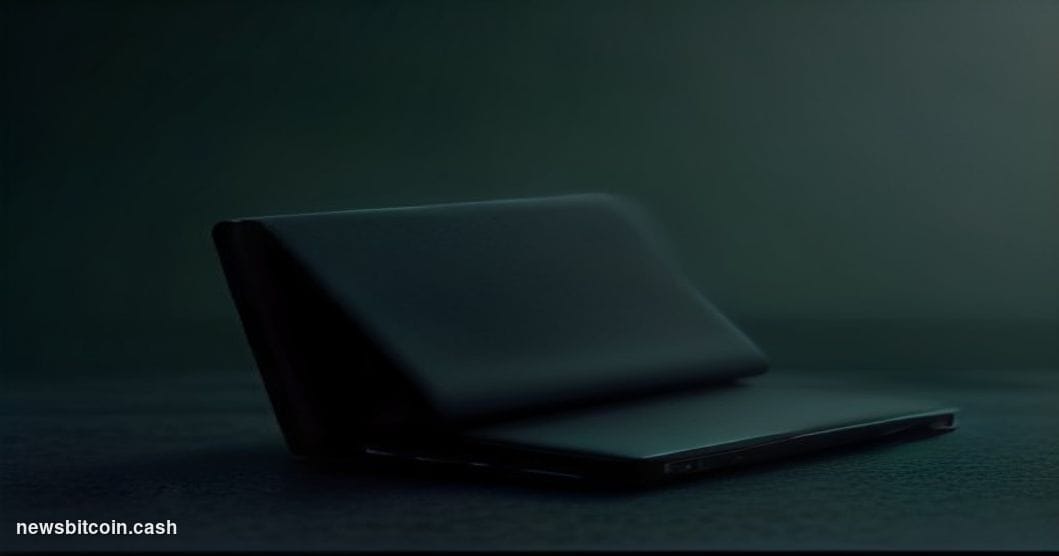 A cinematic photorealistic editorial photograph of a Coldcard hardware wallet device — matte black, compact, with a small scr