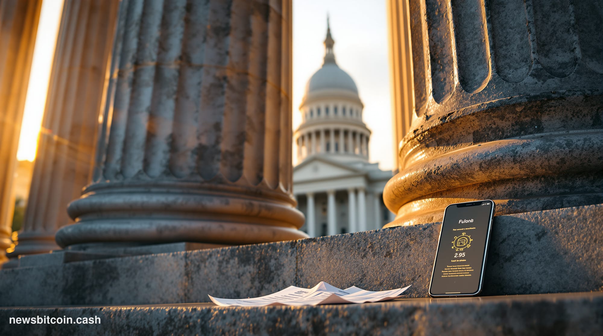 Cinematic photorealistic editorial photograph shot from a low angle looking up at a imposing neoclassical bank facade, marble