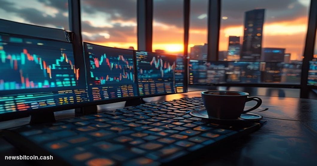 A cinematic photorealistic editorial photograph of a sleek, dimly lit cryptocurrency trading floor at dawn on July 24, with m