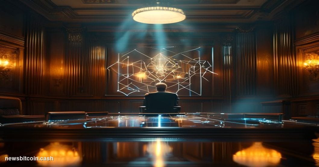 A cinematic photorealistic editorial photograph set inside a formal federal regulatory hearing room in Washington D.C., with 