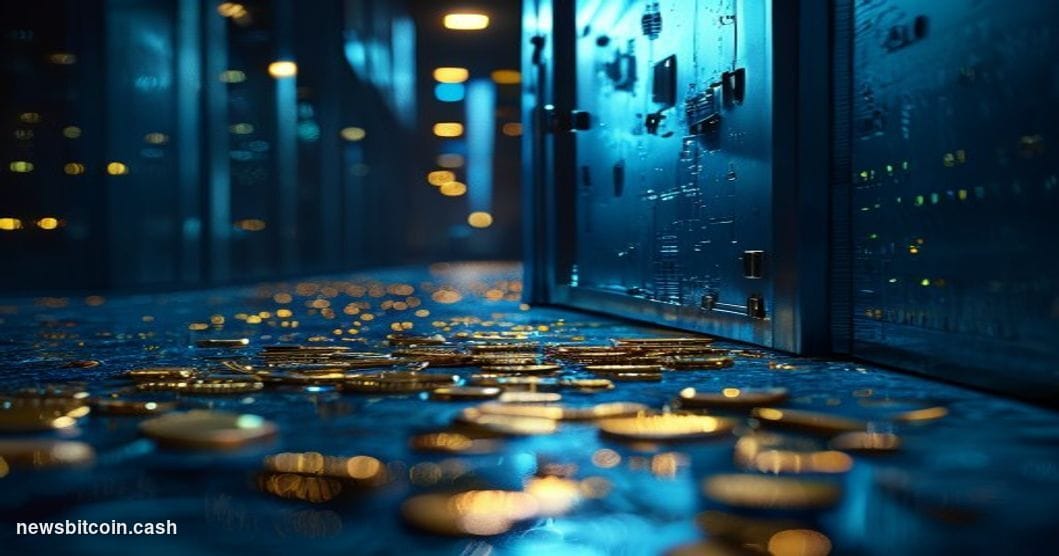 Cinematic photorealistic editorial photograph shot from a low angle looking up at a cracked digital vault door, its steel sur