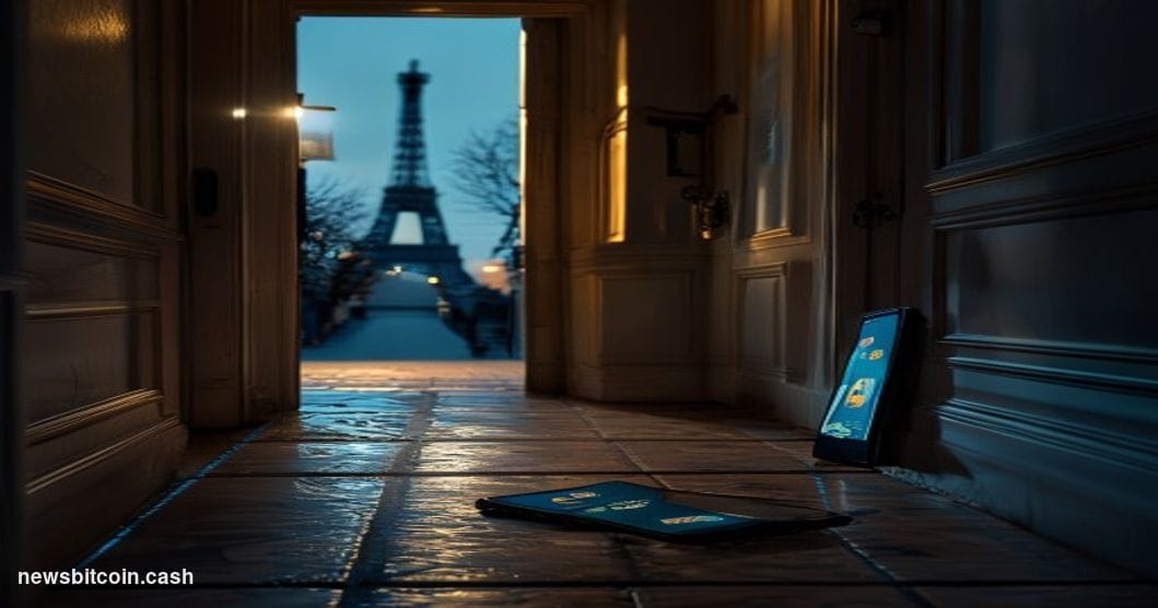 Cinematic photorealistic editorial photograph of a shadowy, dimly lit residential entryway in a classic Haussmann-style Paris