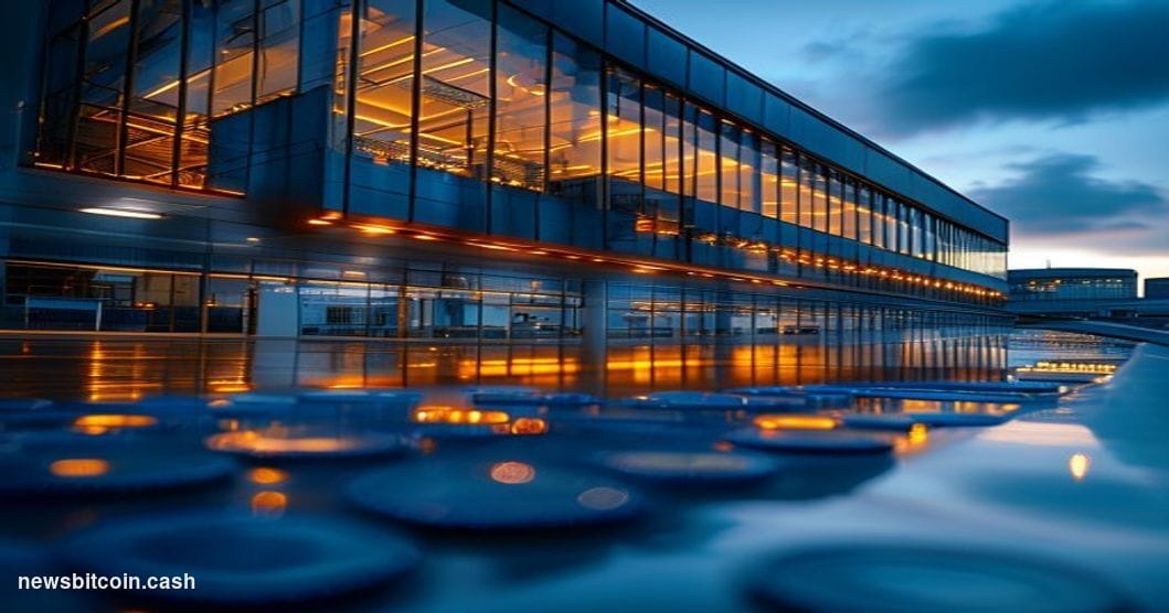 Cinematic photorealistic editorial photograph of a gleaming Chinese semiconductor fabrication facility exterior at dusk, shot