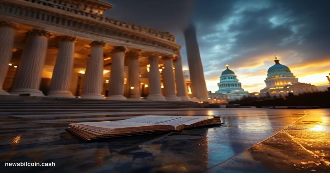 Cinematic photorealistic editorial photograph of the United States Capitol building at dusk, shot from a low angle looking up