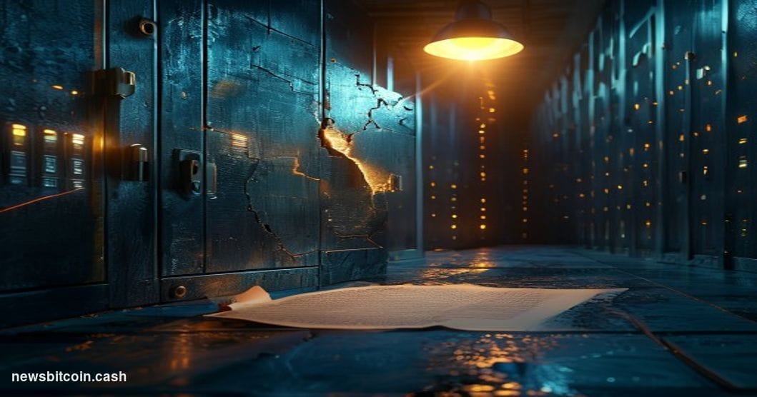 Cinematic photorealistic editorial photograph of a cracked digital vault door rendered in dark steel and copper tones, partia