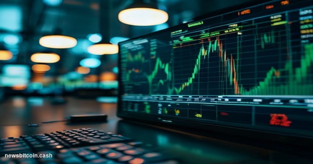 Cinematic photorealistic editorial photograph of a glowing cryptocurrency trading terminal in a darkened institutional tradin
