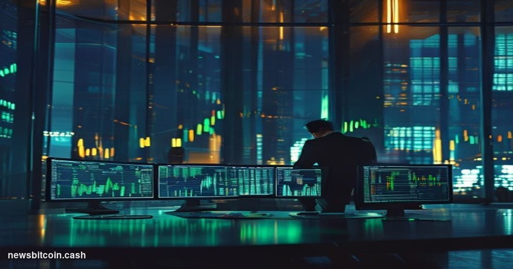 A cinematic photorealistic editorial photograph set inside a sleek, modern financial trading floor environment, bathed in coo