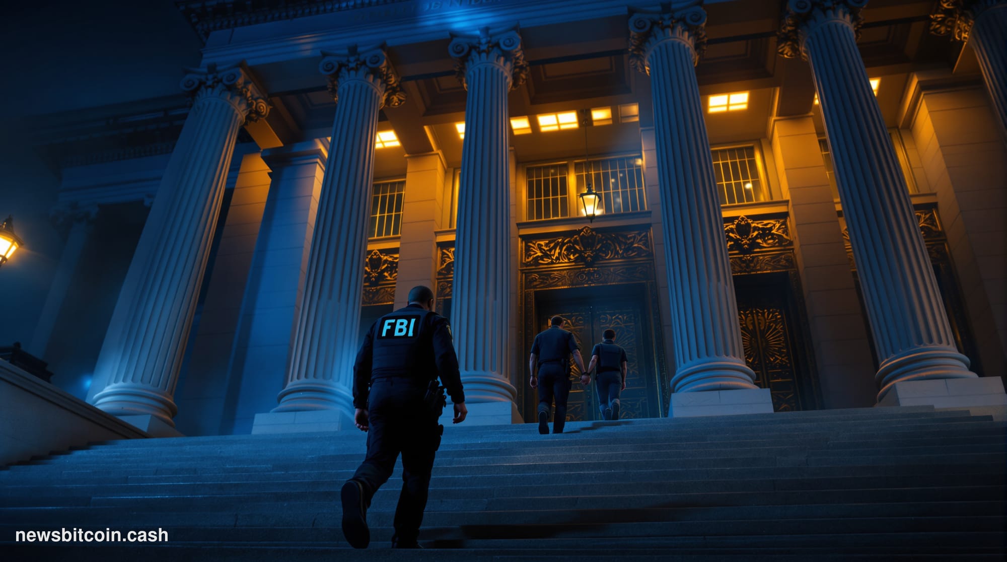 Cinematic photorealistic editorial photograph of a federal courthouse exterior in Washington D.C., its stone columns and bron