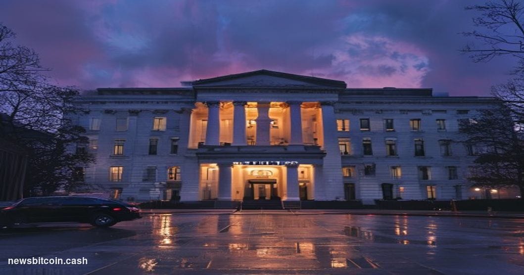 Cinematic photorealistic editorial photograph of the U.S. Department of Justice headquarters building in Washington D.C. — th