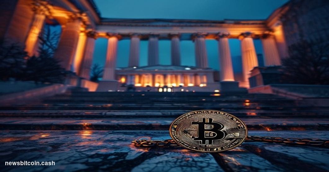 Cinematic photorealistic editorial photograph of the U.S. Treasury Building in Washington D.C. at dusk, its neoclassical ston
