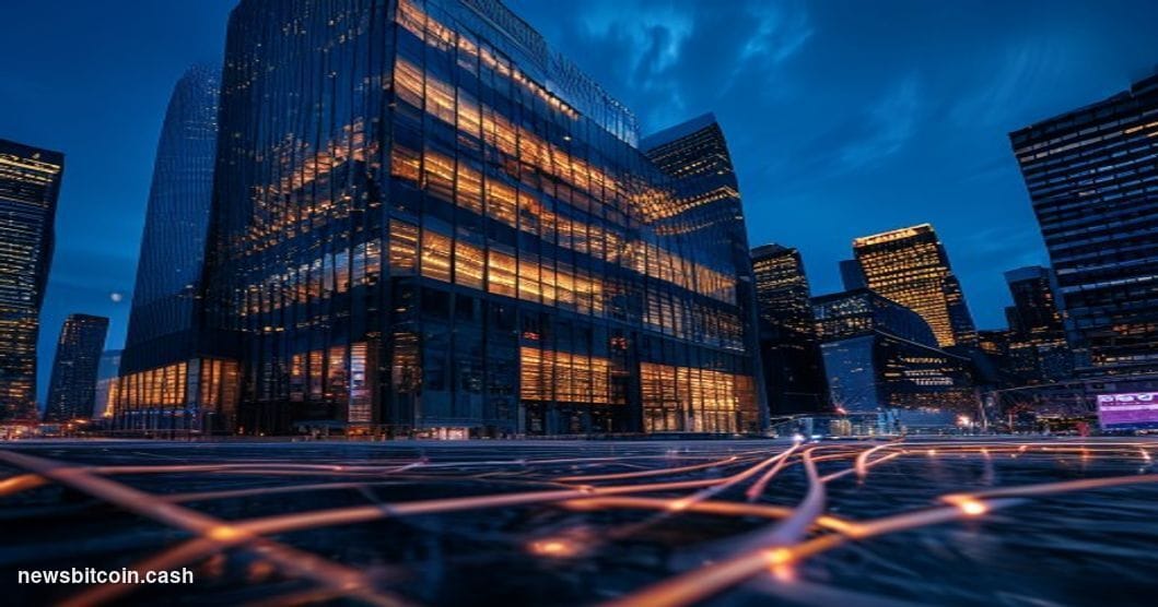 Cinematic photorealistic editorial photograph of the DTCC (Depository Trust & Clearing Corporation) headquarters building at 