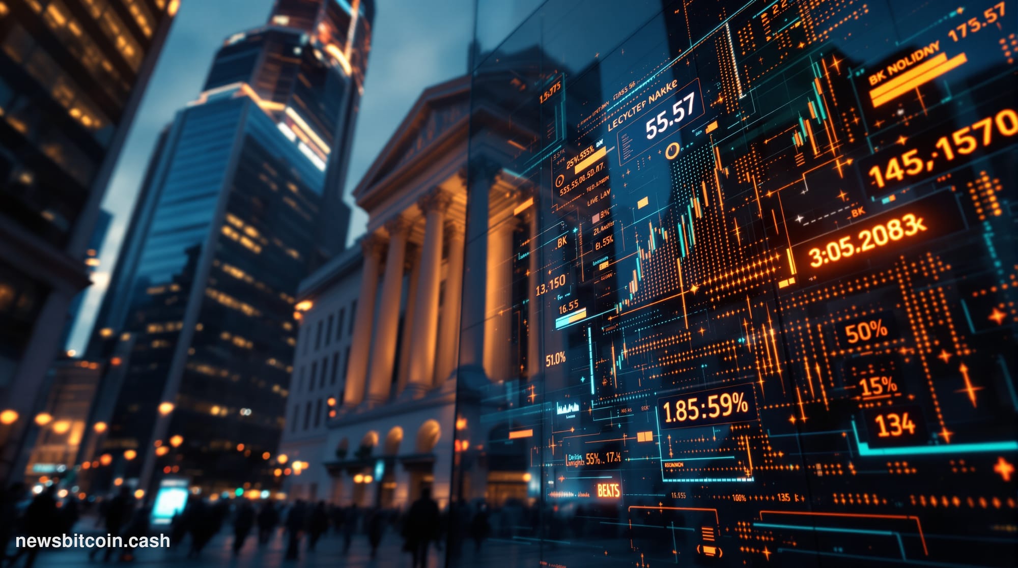 Cinematic photorealistic editorial photograph of Wall Street's financial district at dusk, with the New York Stock Exchange's