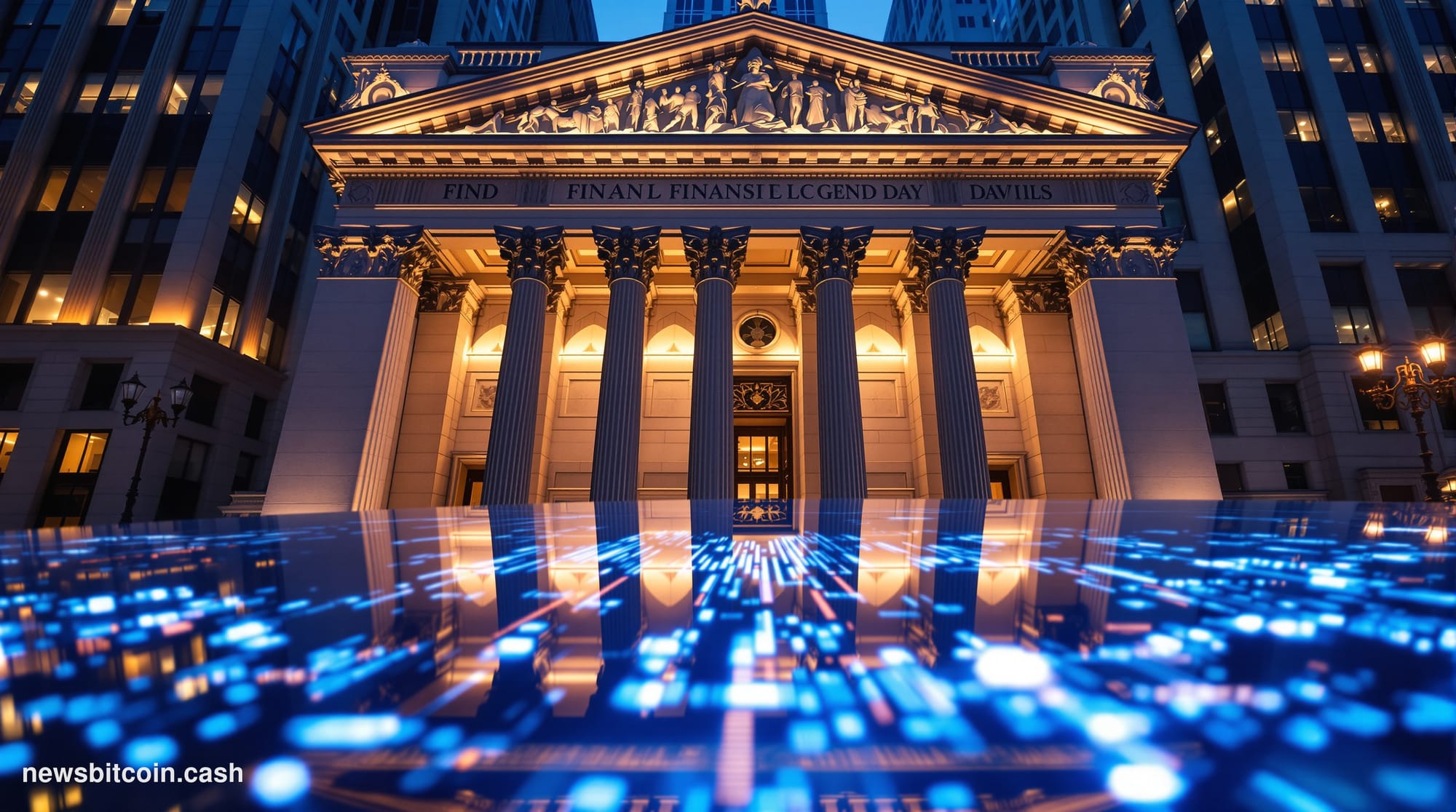 Cinematic photorealistic editorial photograph of Wall Street's financial district at dusk, shot from a low angle looking up a