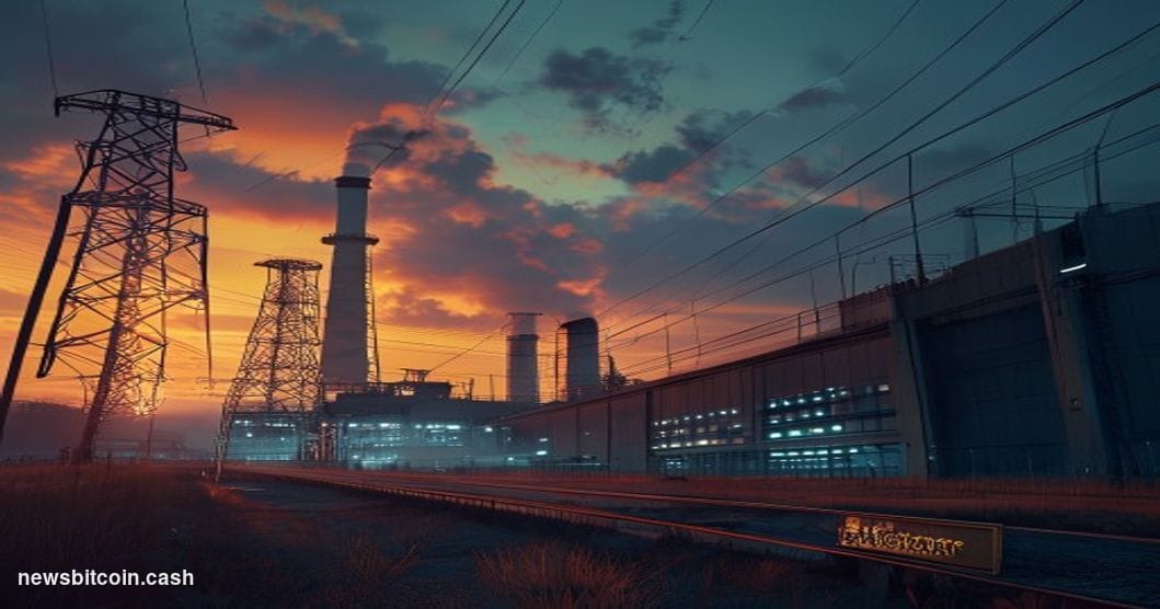 Cinematic photorealistic editorial photograph of a large industrial gas turbine power plant at dusk, shot from a low angle wi