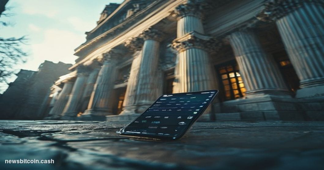 A cinematic photorealistic editorial photograph shot at ground level looking up at a grand European institutional building wi