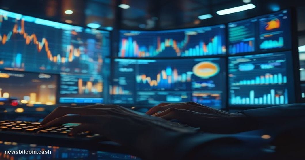 A cinematic photorealistic editorial photograph set in a dimly lit trading floor environment, with large curved monitors disp