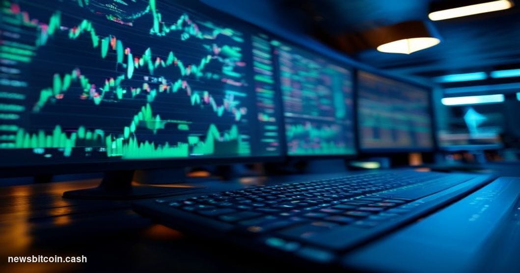A cinematic photorealistic editorial photograph set in a dimly lit quantitative trading floor with multiple curved monitor ar