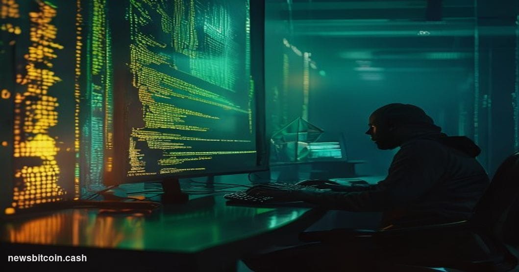 A cinematic photorealistic editorial photograph of a dimly lit server room bathed in cool blue-green ambient light, with a si